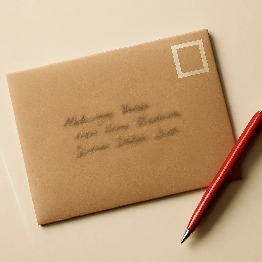 Une enveloppe et un stylo-plume sur un bureau tapissé de papier.