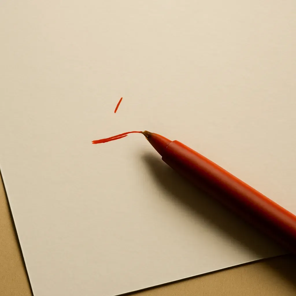 Close-up of a single red-pen correction mark on a paper page, mid-edit.